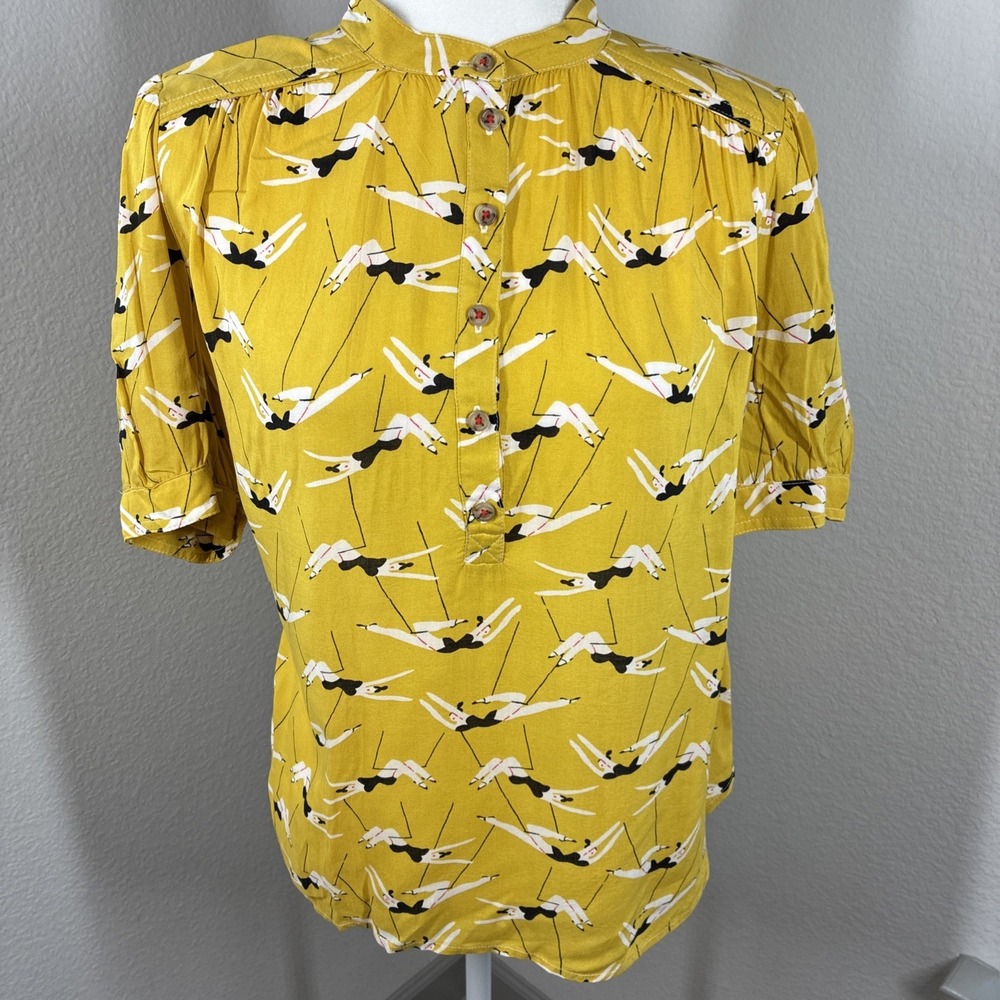 Anthropologie Emily Isabella Top Size Small Yellow Robina Trapeze Print Blouse
